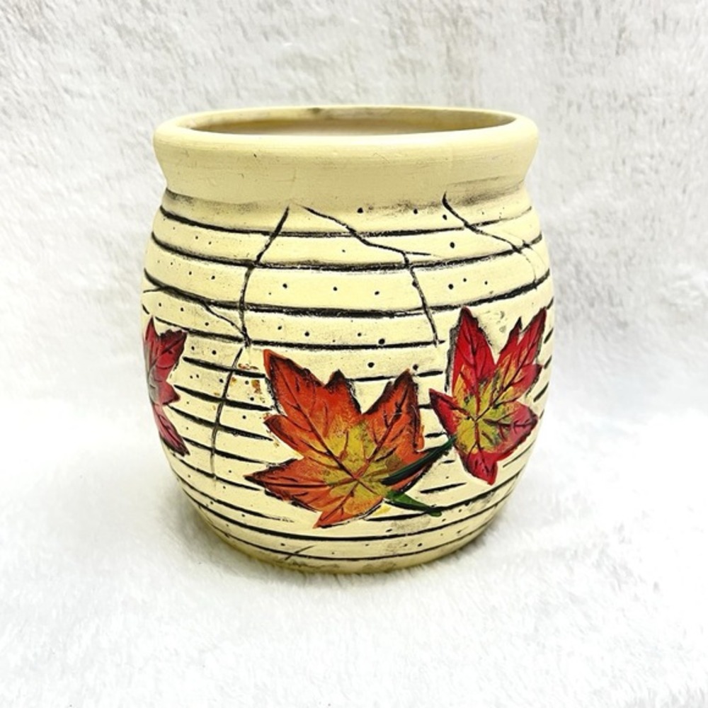 Heritage Pottery Vase Cream With Bright Orange Leaves And Black Etching